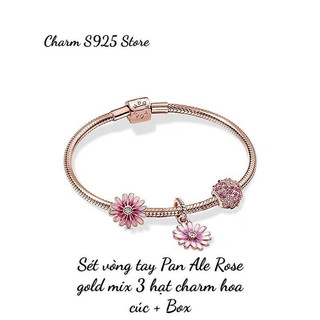 COMBO BỘ VÒNG TAY PAN ALE ROSE GOLD MIX 3 HẠT CHARM HOA CÚC HÀNG CAO CẤP