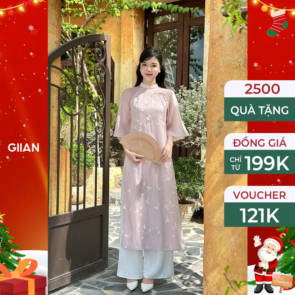 Áo dài hồng cách tân nữ hoa nhí may sẵn thiết kế dáng suông 4 tà vải tơ cao cấp cô dâu, đi tiệc, mặc tết - AD0462H