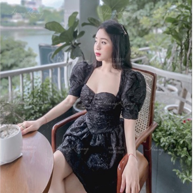 Váy nữ đầm dự tiệc cúp ngực cổ vuông vải gấm dáng xoè cao cấp chuẩn hàng Quảng Châu loại 1
