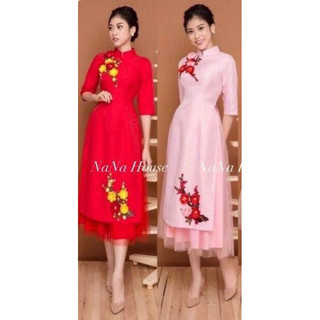 Áo dài cách tân thời trang áo dài tết cho nữ màu đỏ