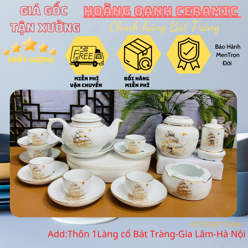 (CHỌN 8 MẪU) Bộ Ấm Chén Pha Trà nhà lò Bát Tràng - men Trắng,viền Vàng,vẽ Mã Đáo Thành Công,Phúc Lộc Thọ-ấm quả Hồng