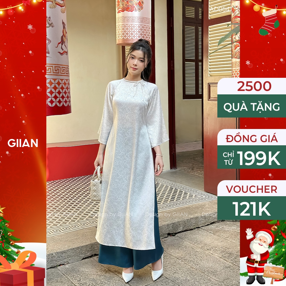 Áo dài cách tân trắng Giian vải lụa gấm in họa tiết thiết kế cổ tròn dây tết phối tay loe đi dạy, mặc tết - AD0541