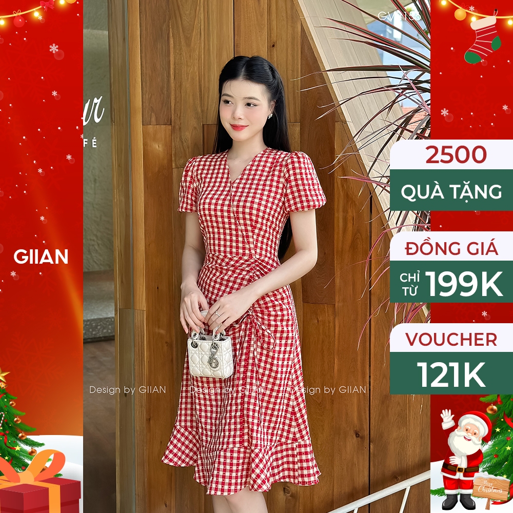 Váy đi biển xòe dáng dài phối tay bồng thiết kế nhún eo rút dây xẻ tà chính hãng Giian - VA0115DN