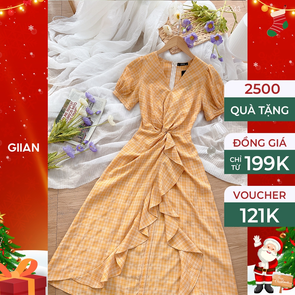 Váy caro dáng dài vintage tay bồng xoắn eo xả tà cách điệu thương hiệu Giian - VA0137VK