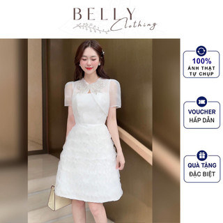 M43 - Váy Tafta Vân Lưới Phối Cổ Tơ, Gam Màu Trắng, Váy Thiết Kế Cao Cấp, Tặng Kèm Tag Nơ by Belly Clothing