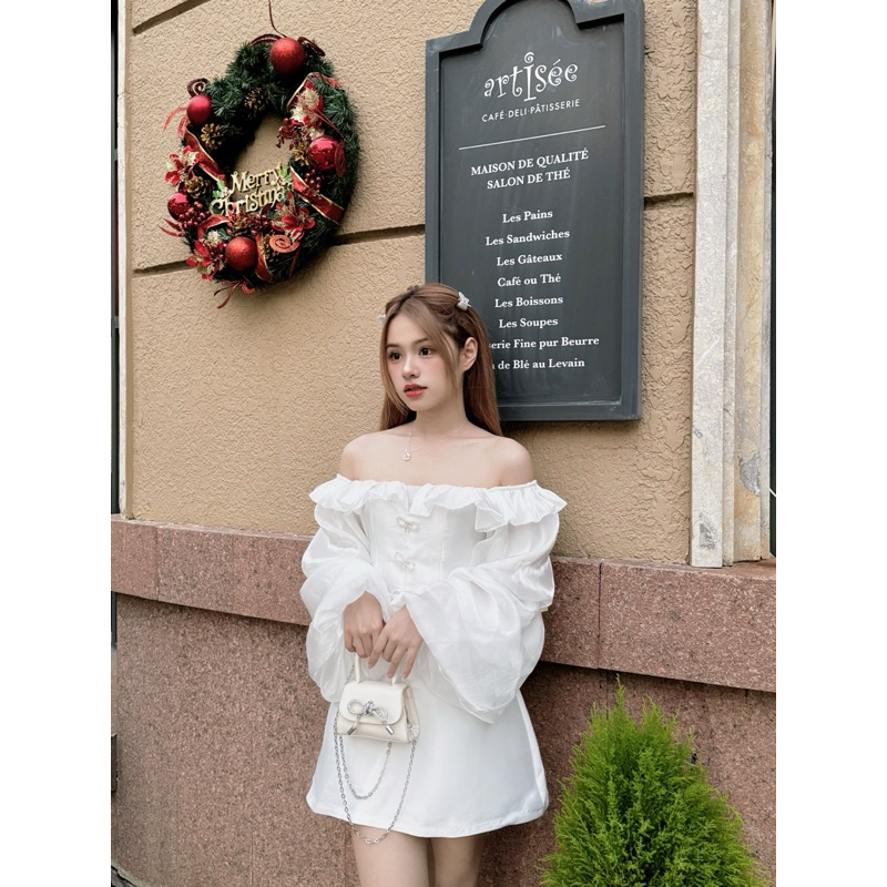 váy dáng xoè mix tay bồng organza cao cấp đính nơ có đệm ngực đi chơi đi tiệc Tiệm Nhà Cá