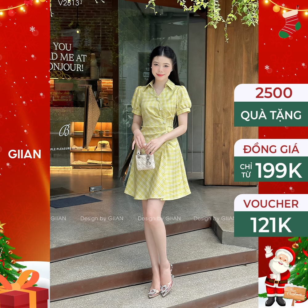 Váy sơ mi nữ đi biển tay bồng đính ngọc thiết kế cổ V nhún eo chính hãng Giian - VA0129XL