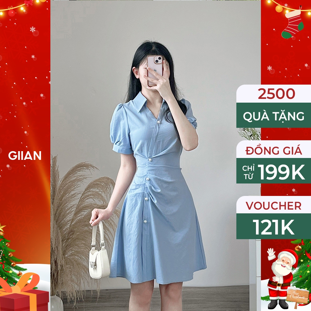 Váy sơ mi nữ dáng dài thắt eo đính ngọc cách điệu phối tay bồng thương hiệu Giian - VA0129XK