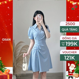 Váy sơ mi nữ dáng dài thắt eo đính ngọc cách điệu phối tay bồng thương hiệu Giian - VA0129XK