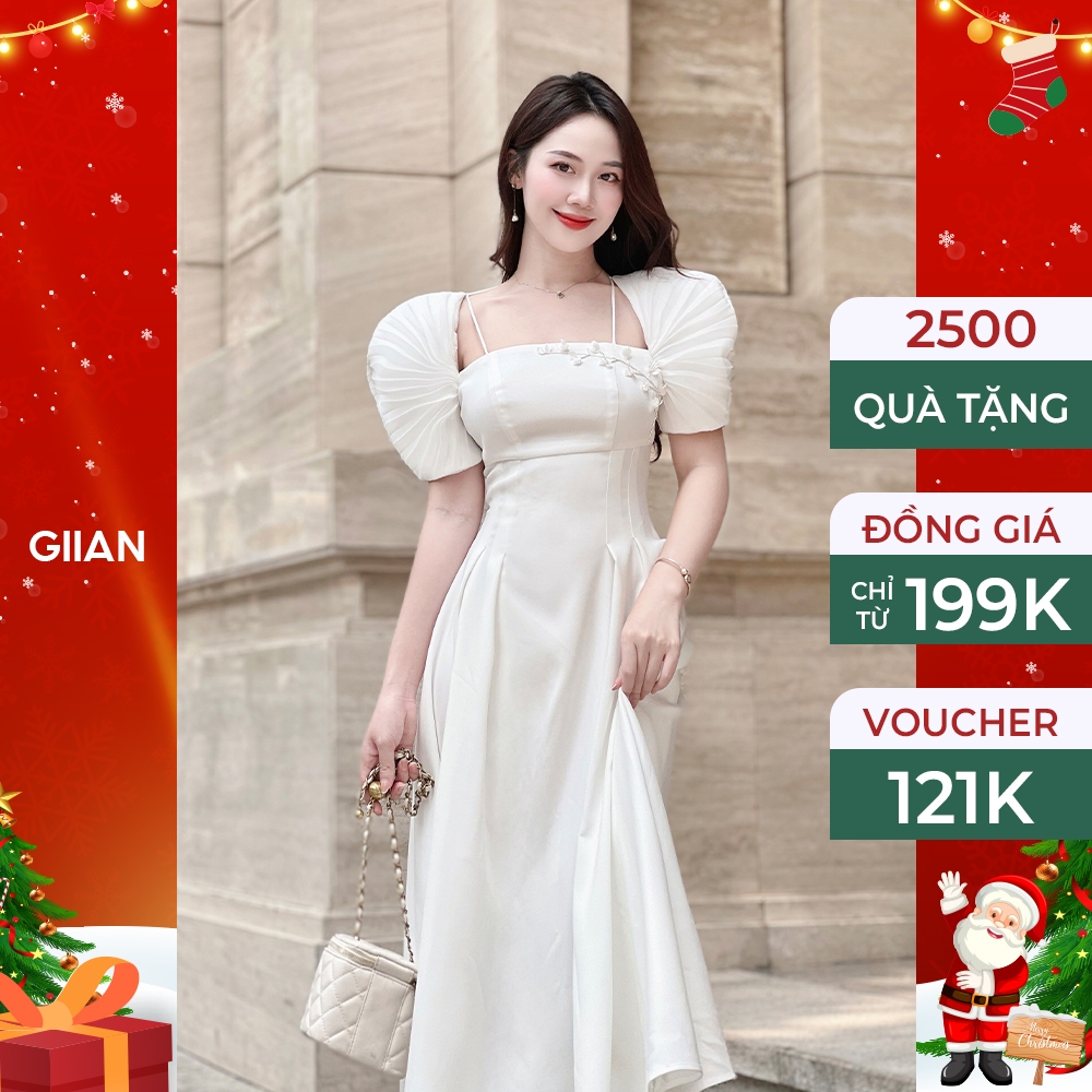 Váy trắng dáng dài tay bồng thiết kế cổ vuông đính hoa chính hãng Giian - VA0231