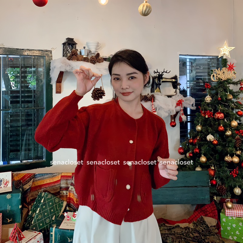 Áo len đỏ cardigan cúc ngọc Giáng sinh siêu hot