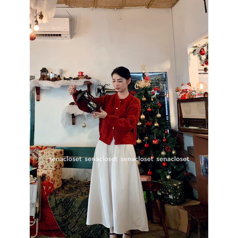Áo len đỏ cardigan cúc ngọc Giáng sinh siêu hot