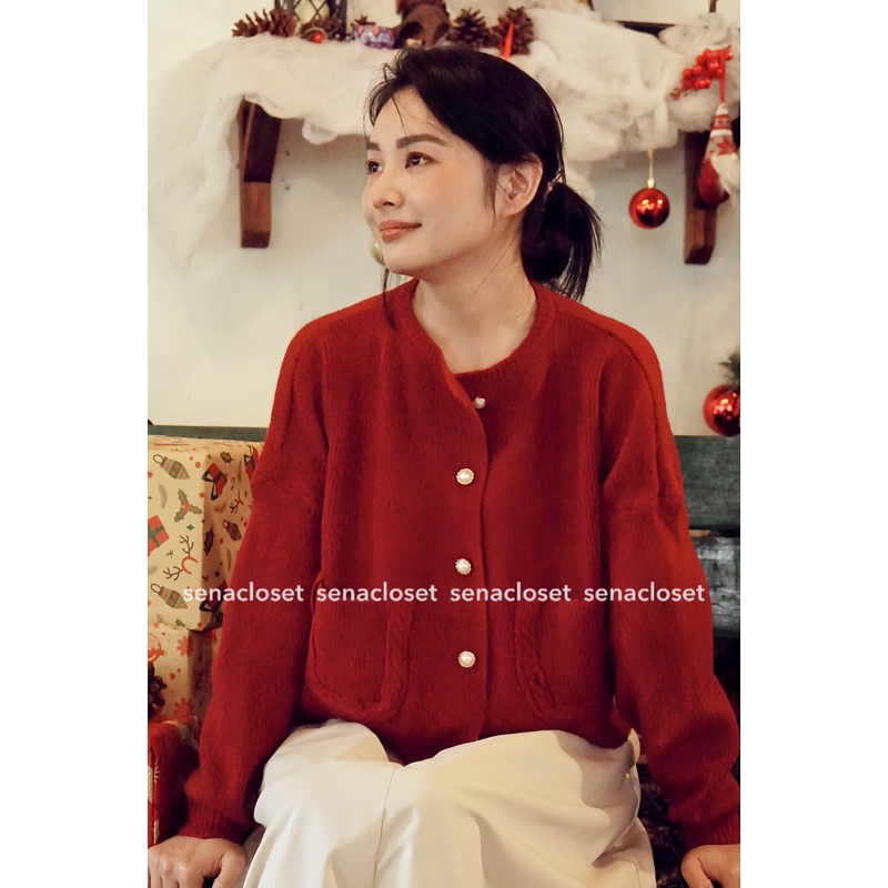 Áo len đỏ cardigan cúc ngọc Giáng sinh siêu hot