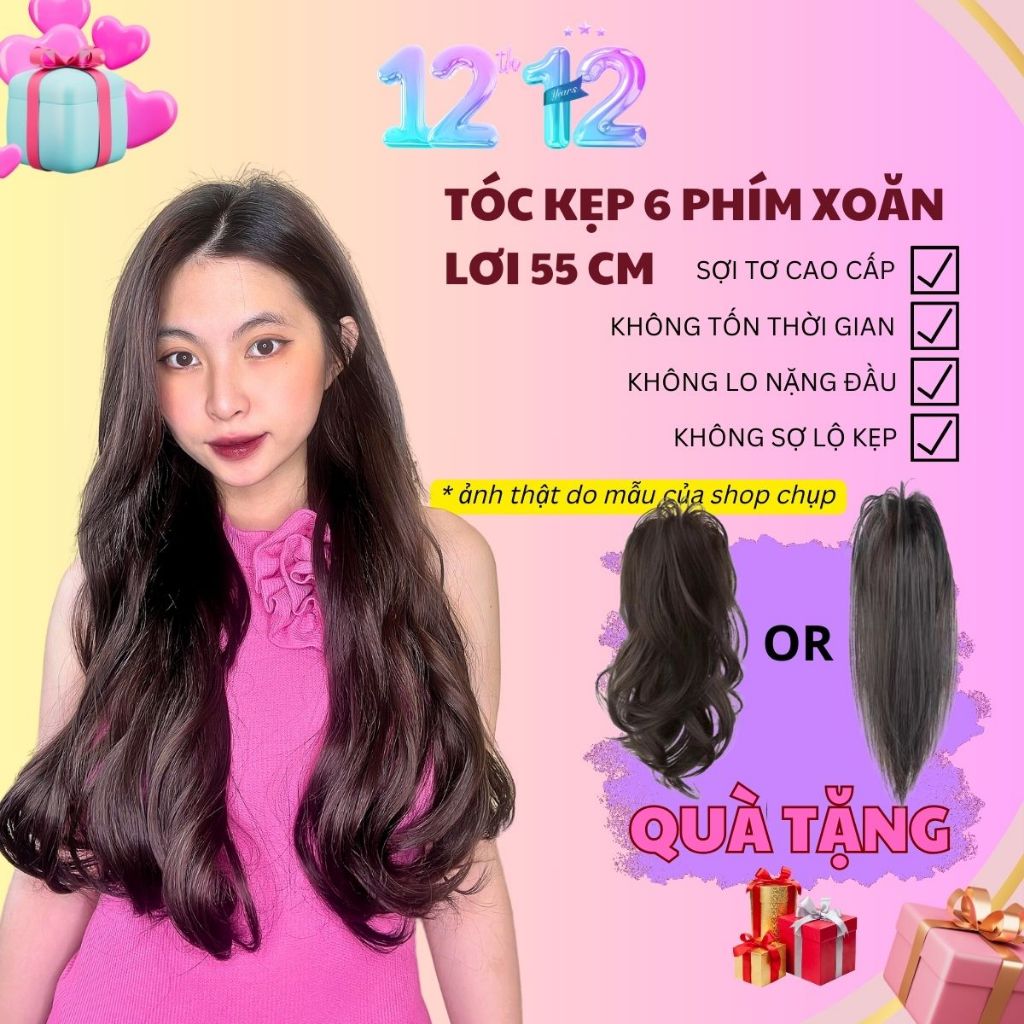 Tóc kẹp 6 phím xoăn lơi 55 cm, tóc giả kẹp phím 6 mảnh xoăn nhẹ nhàng, tóc giả MySa
