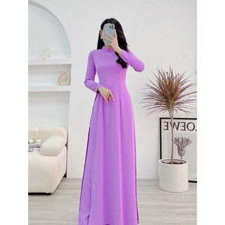 Áo dài lụa mỹ trơn 2 tà màu tím cà cổ 3 phân tay dài