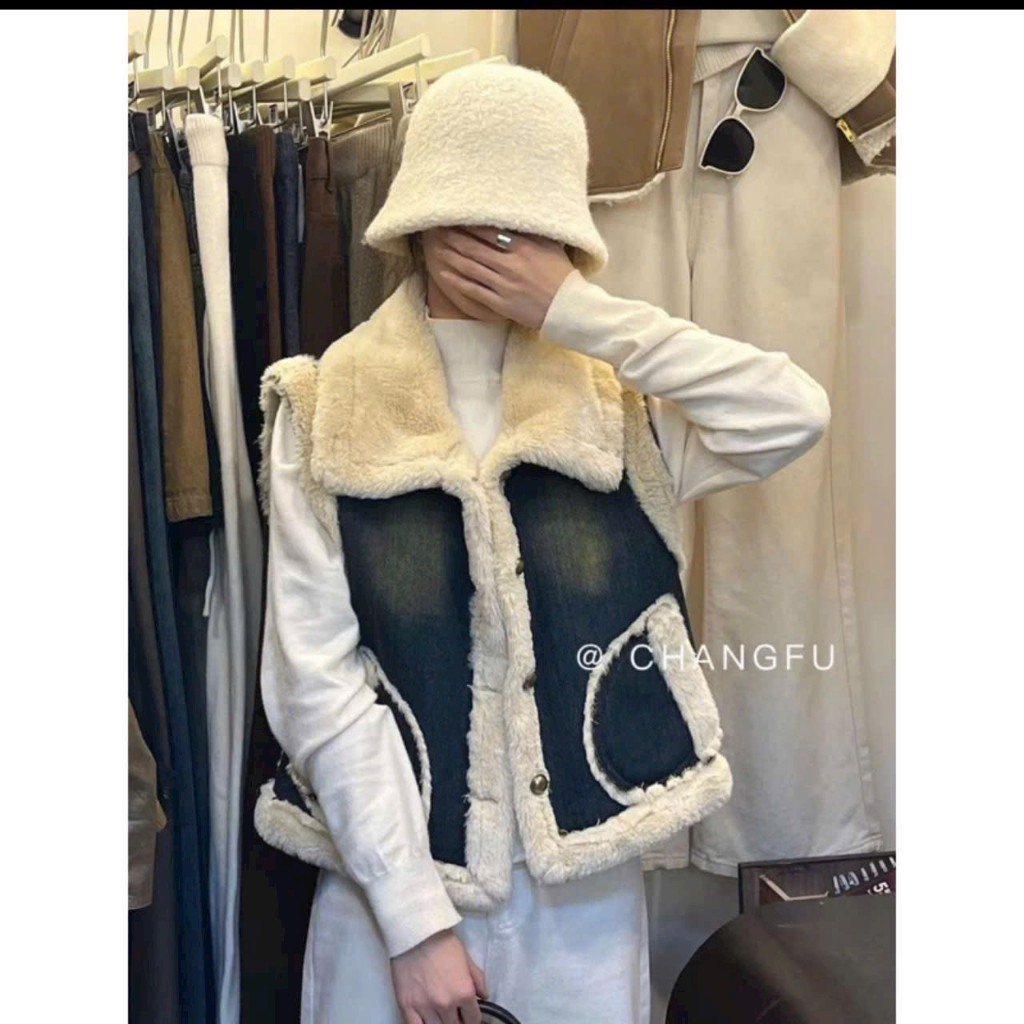 Áo Gile JEAN nữ lót lông xịn dày ấm mùa thu đông denim vải bò phối khoác ngoài y2k ulzzang retro hàn quốc AK31 Lamo