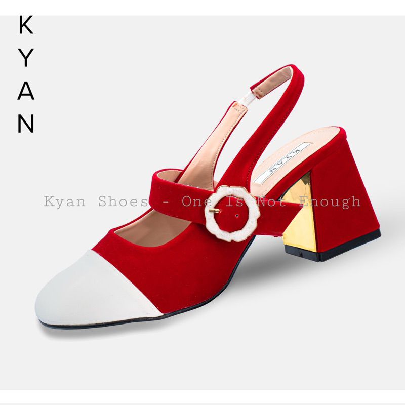 Giày Cao Gót Nữ Đế Trụ Gót Cao 7 Cm Giày Đỏ Chất Liệu Vãi Phối Da Pu Phong Cách Marry Jane Kyan037