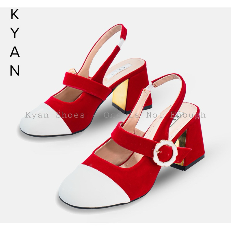 Giày Cao Gót Nữ Đế Trụ Gót Cao 7 Cm Giày Đỏ Chất Liệu Vãi Phối Da Pu Phong Cách Marry Jane Kyan037