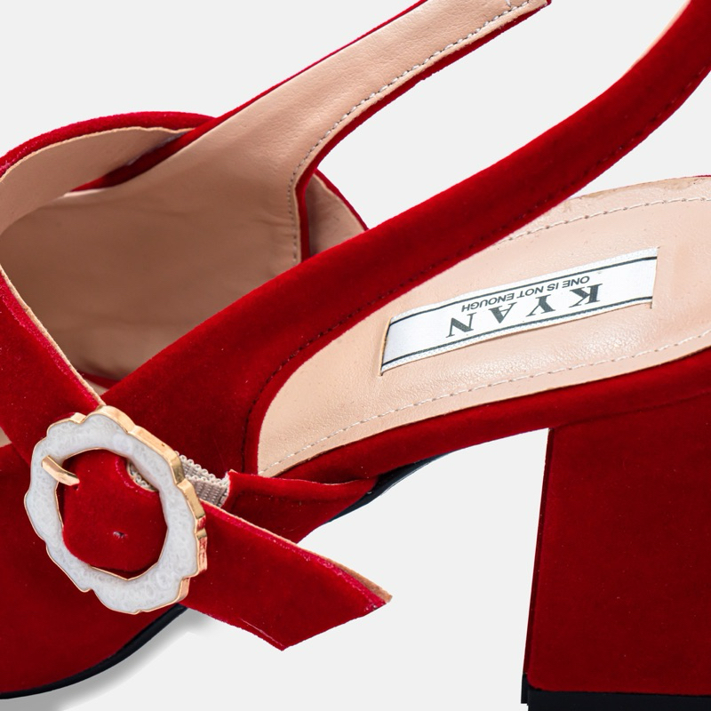 Giày Cao Gót Nữ Đế Trụ Gót Cao 7 Cm Giày Đỏ Chất Liệu Vãi Phối Da Pu Phong Cách Marry Jane Kyan037