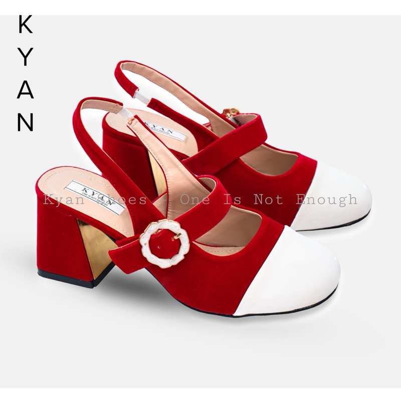 Giày Cao Gót Nữ Đế Trụ Gót Cao 7 Cm Giày Đỏ Chất Liệu Vãi Phối Da Pu Phong Cách Marry Jane Kyan037