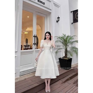 Đầm thời trang nữ mặc đi dự tiệc chất liệu Tapta cứng tay ngắn cổ vuông chéo dây ngực phối bông váy xoè 3 màu sang trọng