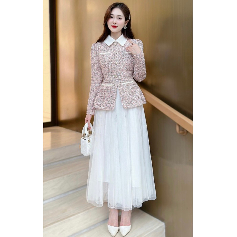 Set váy S397 gồm Áo dạ tweed(A397) phối chân váy lưới trắng cao cấp