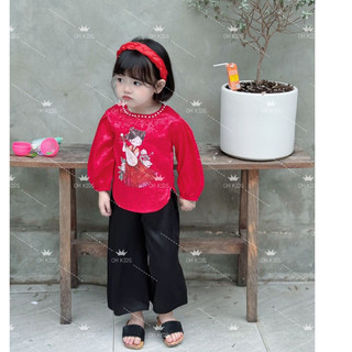 Set bà ba gấm đỏ quần lụa cho bé gái 8-18kg