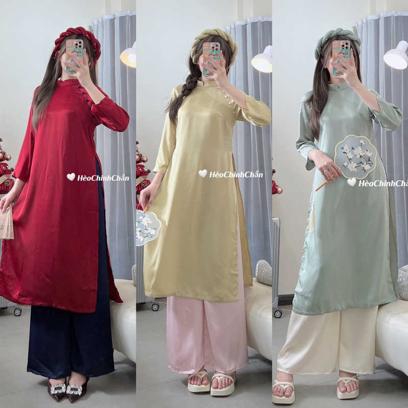 Set Áo Dài Lụa Cách Tân Dáng Suông Tặng Kèm Mấn Ngọc Hèo Chinh Chắn