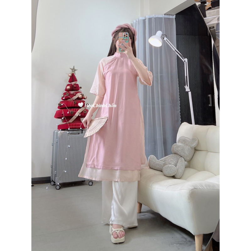 Set Áo Dài Voan Tơ Dáng Suông Tặng Mấn Hèo Chinh Chắn