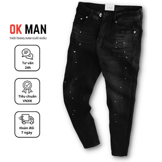 Quần jean nam đen xám vẩy sơn, quần bò ống đứng cao cấp co giãn thoải mái OKMAN 23635