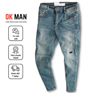 Quần jean nam xanh da trời rách vá cao cấp, quần bò ống đứng co giãn thoải mái OKMAN 23679