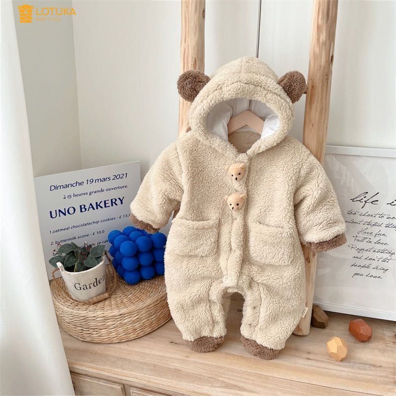 Bodysuit Lông Cừu Siêu Mịn 2 Mặt Liền Mũ Đính Gấu Nổi Ấm Áp Cho Bé, Body LOTUKA Cho Bé Trai Bé Gái, Quần Áo Trẻ Em