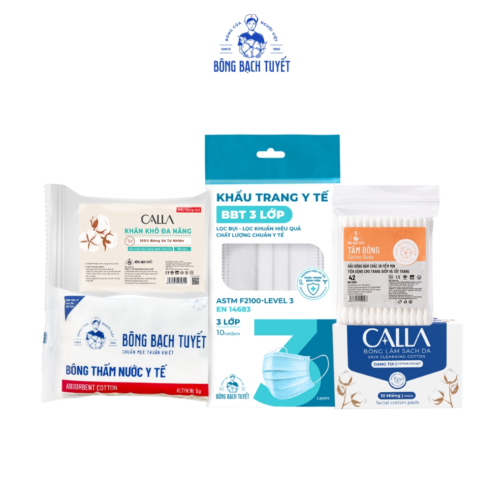 Combo 5 quà | Khăn khô, bông y tế, khẩu trang 3 lớp trắng, tăm bông, bông tẩy trang xỏ ngón