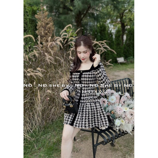 Đầm dạ Tweed cổ vuông cao cấp