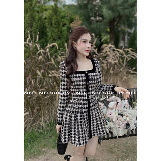 Đầm dạ Tweed cổ vuông cao cấp