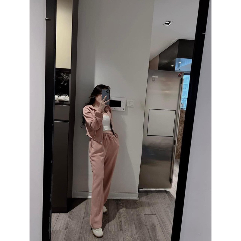 SET BỘ TĂM HỒNG KÉO KHOÁ MŨ QUẦN DÀI