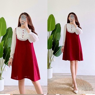 Váy đỏ cúc bọc phối voan mặc tết, noel, giáng sinh, đầm nữ chữ A