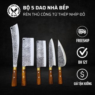 Bộ Dao Nhà Bếp Rèn Thủ Công Từ Thép Nhíp Cao Cấp - Dao Chặt Cây, Chặt Xương, Thái Lọc Thịt