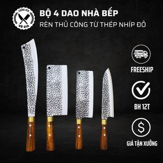 Bộ 4 Dao Nhà Bếp Thép Nhíp Dập Vân Kháng Rỉ, Chặt Cây, Xương, Thái Lọc Thịt - Cán Gỗ Cẩm