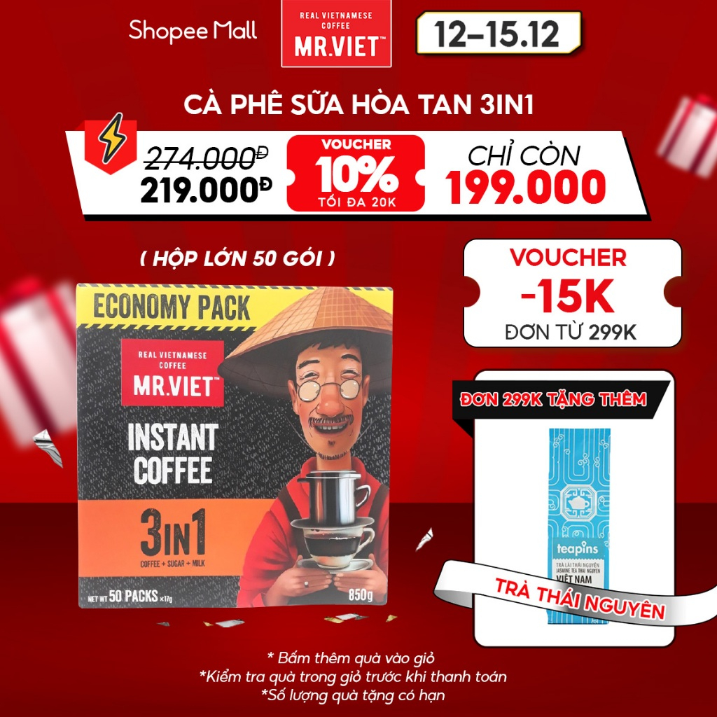 Hộp Lớn Cà phê hòa tan, cà phê sữa đá 3in1, hương vị đậm đà - MR.VIET Coffee (50 gói/ hộp x 17g)