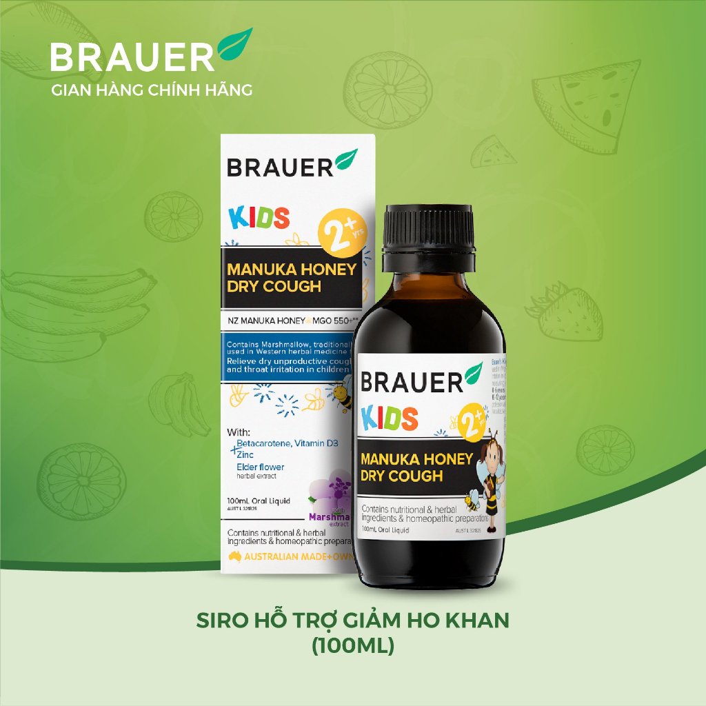 Siro BRAUER Manuka Honey Dry Cough - Giảm Ho Khan cho trẻ 2 tuổi (100ml)(Hàng tặng)