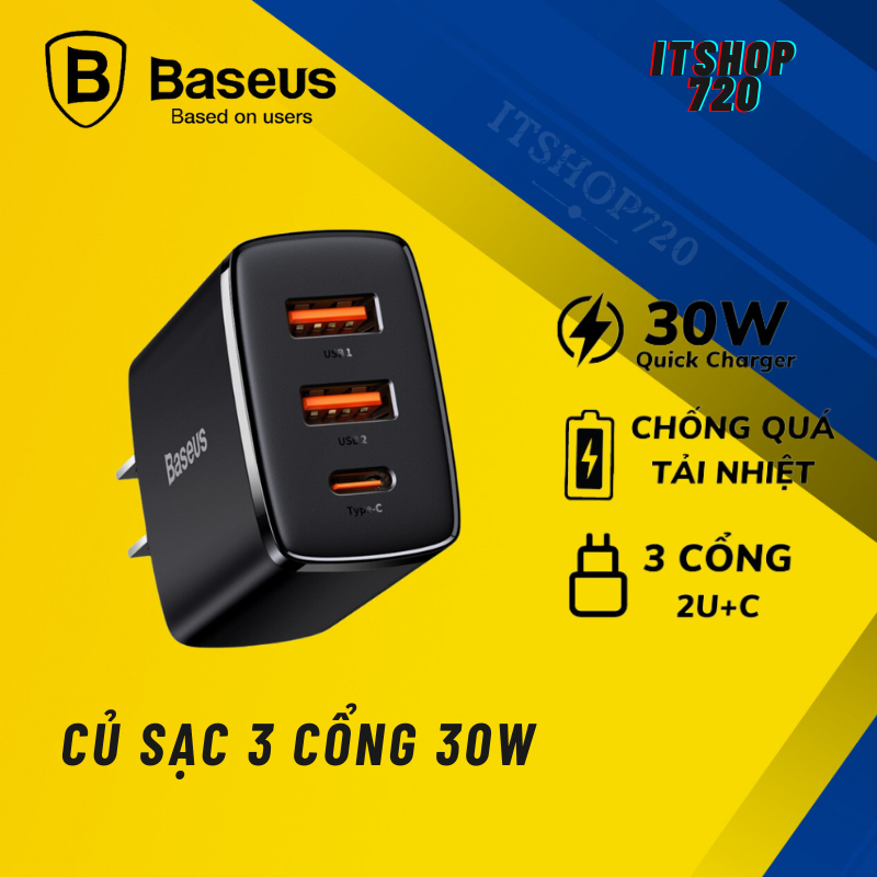 Củ sạc nhanh Baseus/ Ugreen 2 cổng/ 3 cổng loại C/PD và USB 20W/30W hỗ trợ sạc nhanh, siêu nhanh