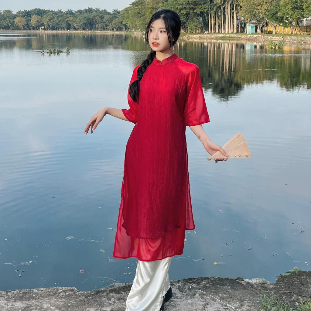 Áo dài cách tân nữ lụa đũi 4 tà tay lửng kèm quần HAVANA AD32
