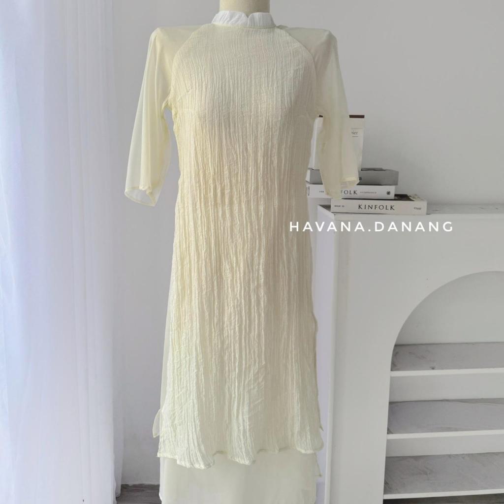 Áo dài cách tân nữ lụa đũi 4 tà tay lửng kèm quần HAVANA AD32