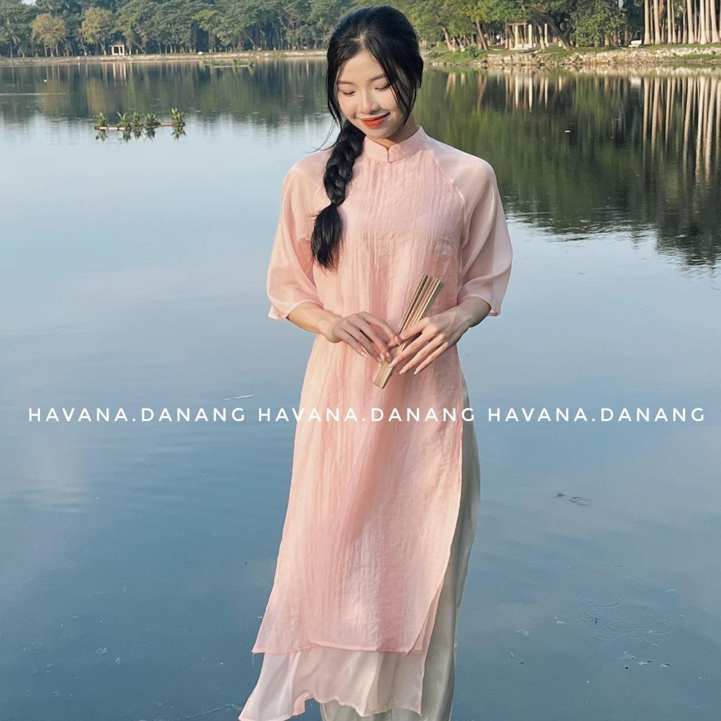 Áo dài cách tân nữ lụa đũi 4 tà tay lửng kèm quần HAVANA AD32