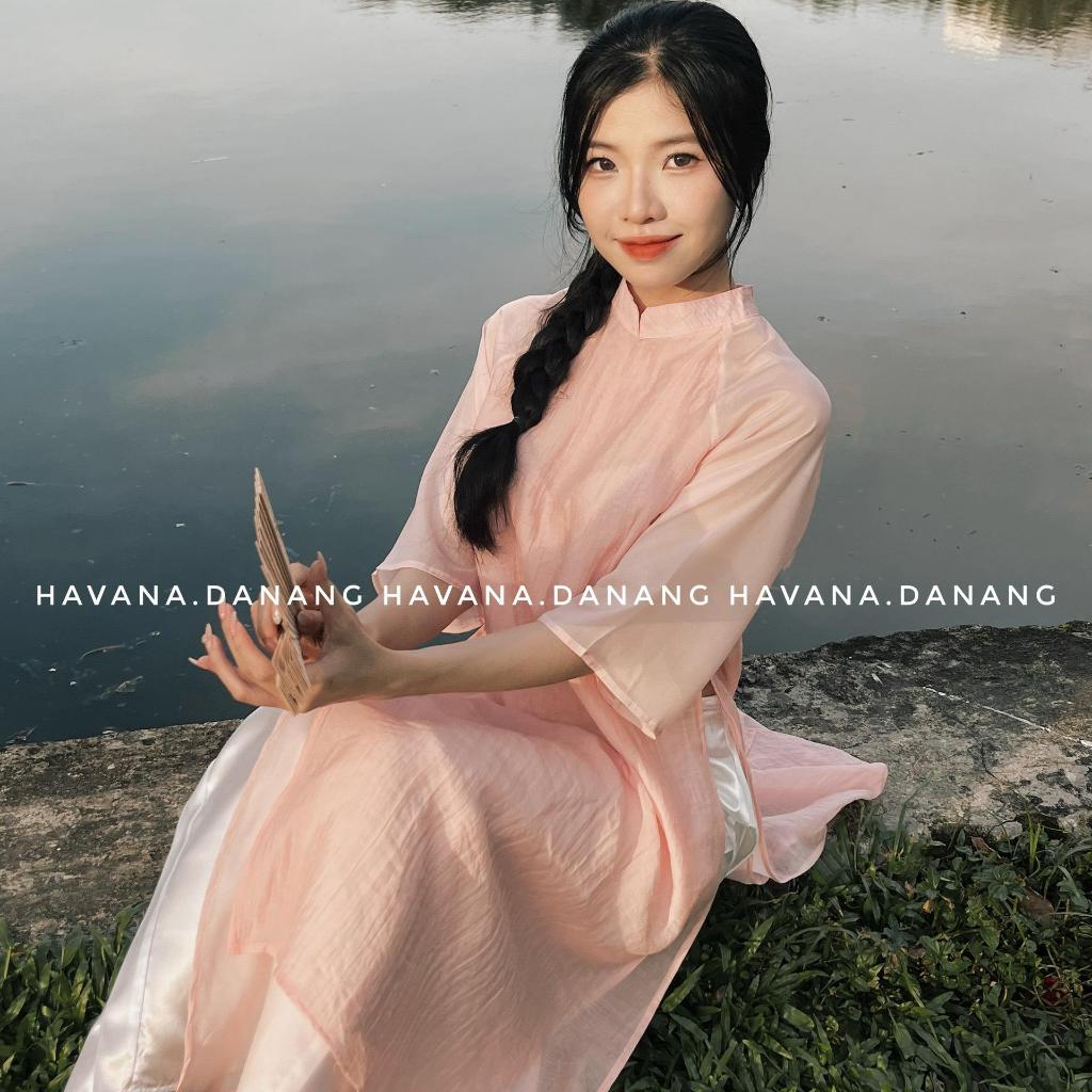 Áo dài cách tân nữ lụa đũi 4 tà tay lửng kèm quần HAVANA AD32