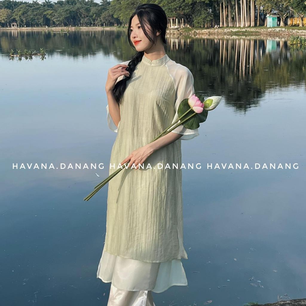 Áo dài cách tân nữ lụa đũi 4 tà tay lửng kèm quần HAVANA AD32