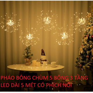 Dây Đèn RÈM LED Pháo Hoa Chùm 5 BÔNG DÀI 3 MÉT CÓ PHÍCH NỐI - Màu Vàng, Đủ Màu Trang trí Siêu Đẹp