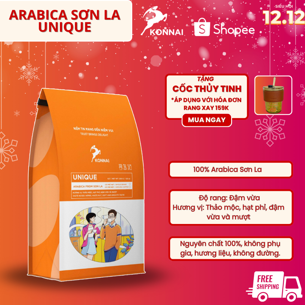 Cà phê rang xay Arabica Sơn La nguyên chất đậm đà hậu vị ngọt pha phin pha máy UNIQUE Konnai Coffee