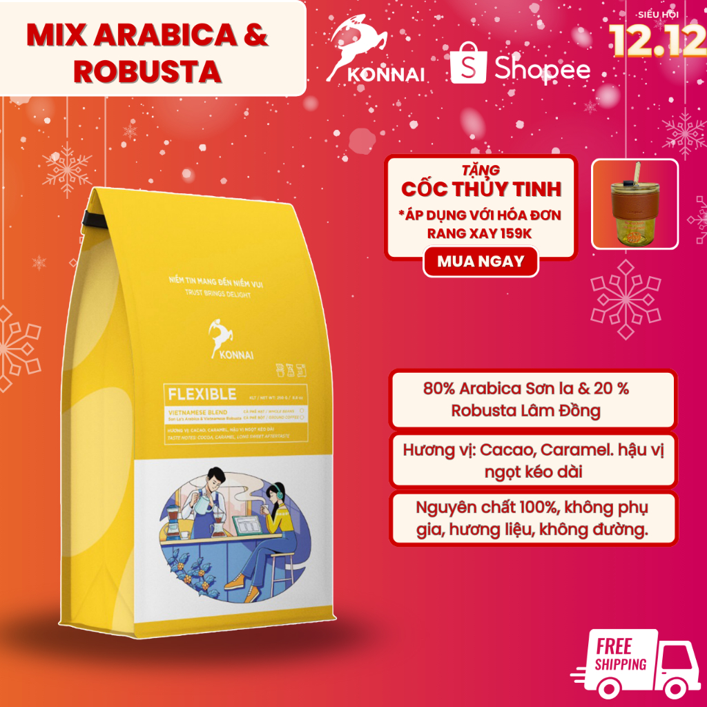 Cà phê rang xay Arabica Sơn La Robusta Tây Nguyê nguyên chất đậm đà hậu vị ngọt pha phin pha máy FLEXIBLE Konnai Coffee